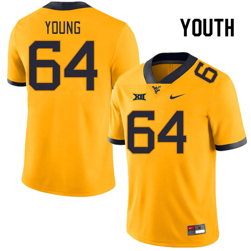 Youth #64 Cooper Young West Virginia Mountaineers College Football Jerseys Stitched Sale-Gold - Click Image to Close